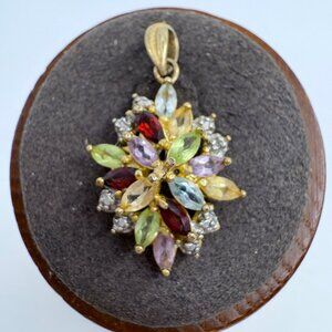 Gold Over Sterling Silver 925 Multi Gemstone Cluster Pendant Size 1.25" Length
